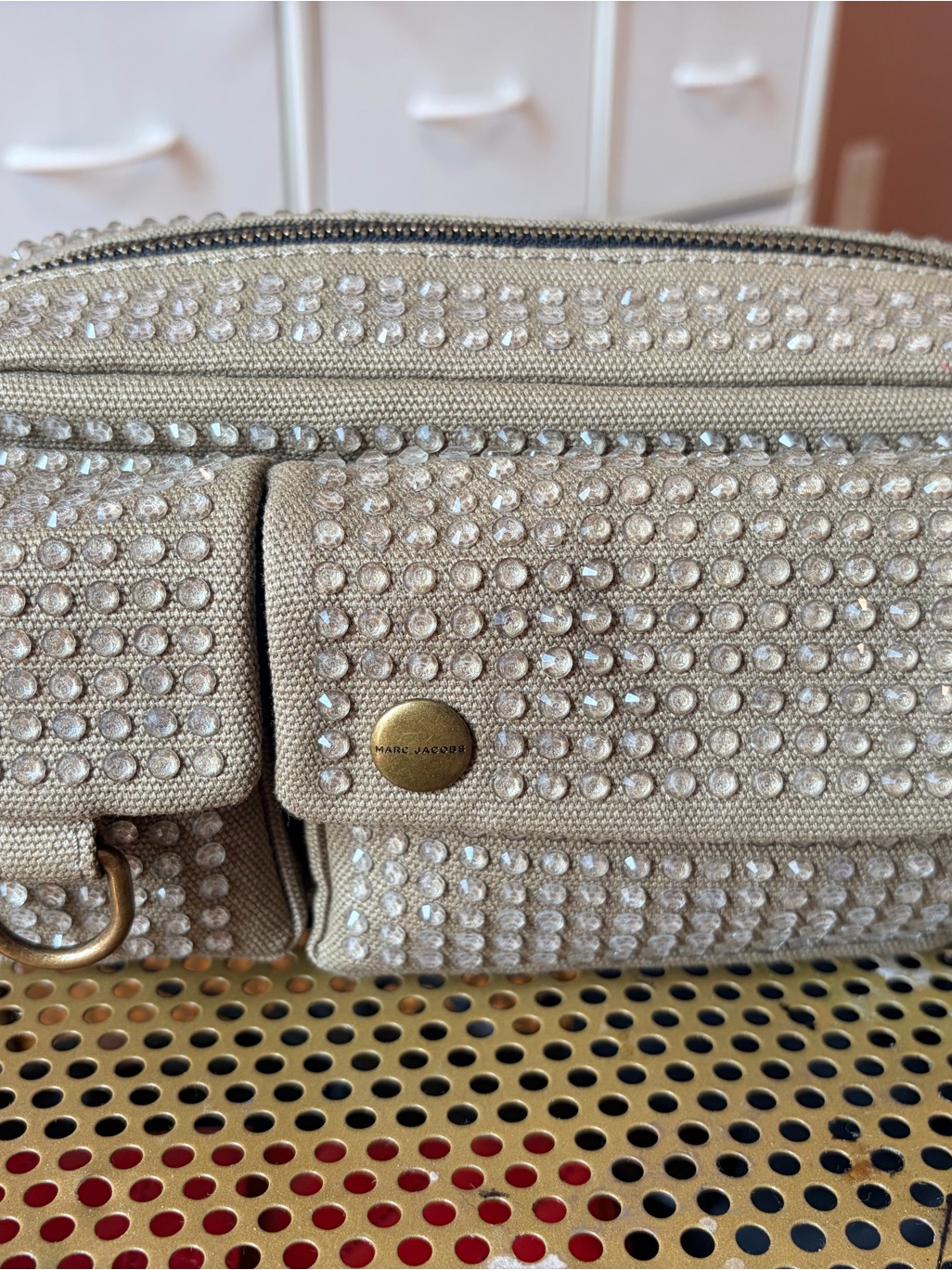 Marc Jacobs Crystal-Embellished Beige Canvas Crossbody
